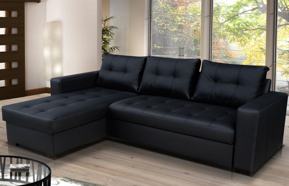 Modern Black Leather Corner Sofa Bed with Storage - Onyx