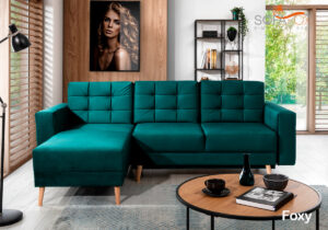 Foxy corner sofa bed with storage in retro style