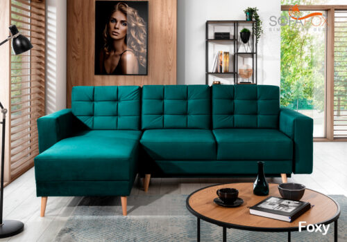 Foxy corner sofa bed with storage in retro style
